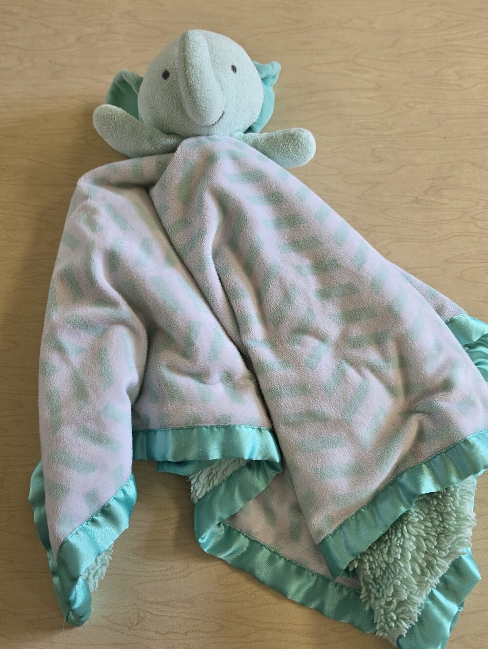 Cloud Island Elephant Lovey Security Blanket Green Chevron Satin Trim Large